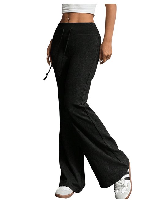 SHENHE Women's Drawstring Waist Bell Bottom Flare Leg Sweatpants Sports Causal Pants Black Small