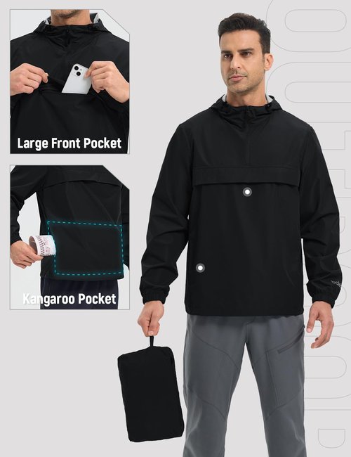 baleaf Men's Rain Jacket Packable Waterproof Golf Windbreaker Hiking Gear Hood Running Raincoat Reflective Black L