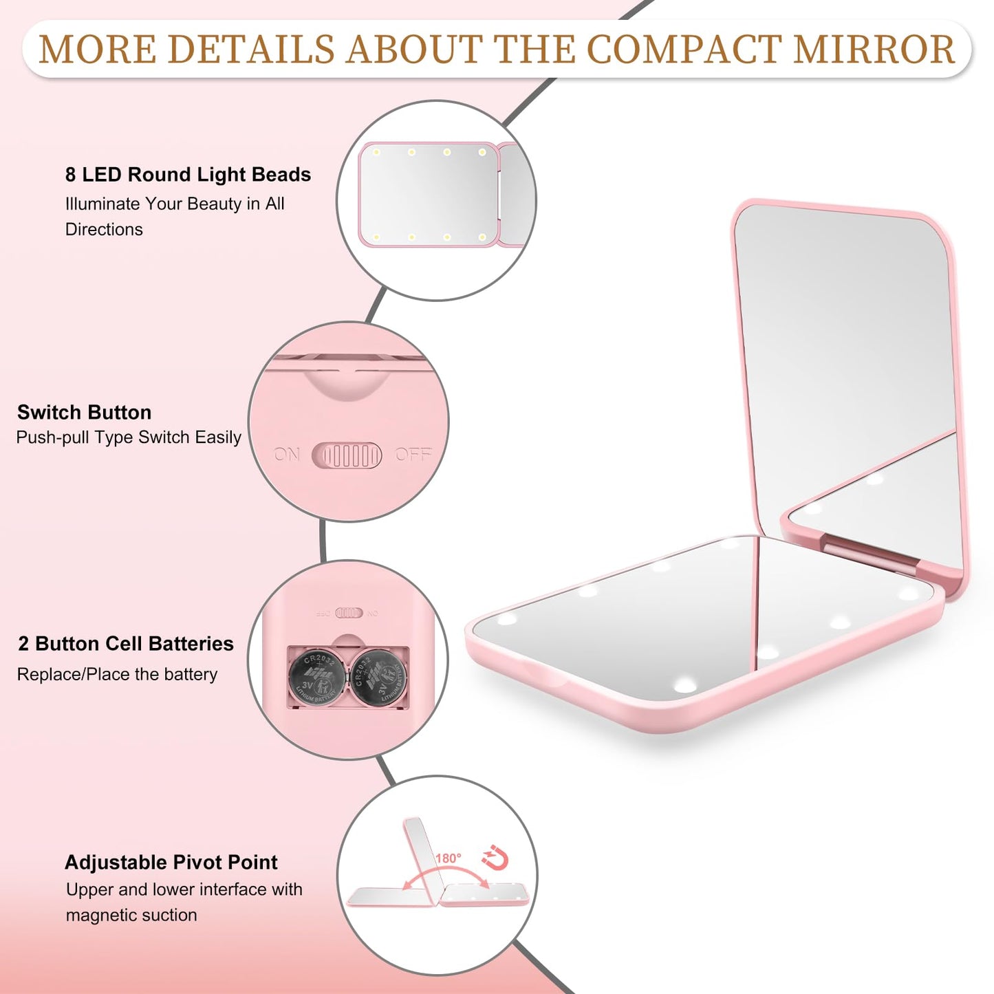 Kakuje Compact Mirror, 1X/3X Magnification LED Pocket Mirror with Nternal BIattery, Mini Mirror for Purse, Pocket,Travel and Present (Pink)