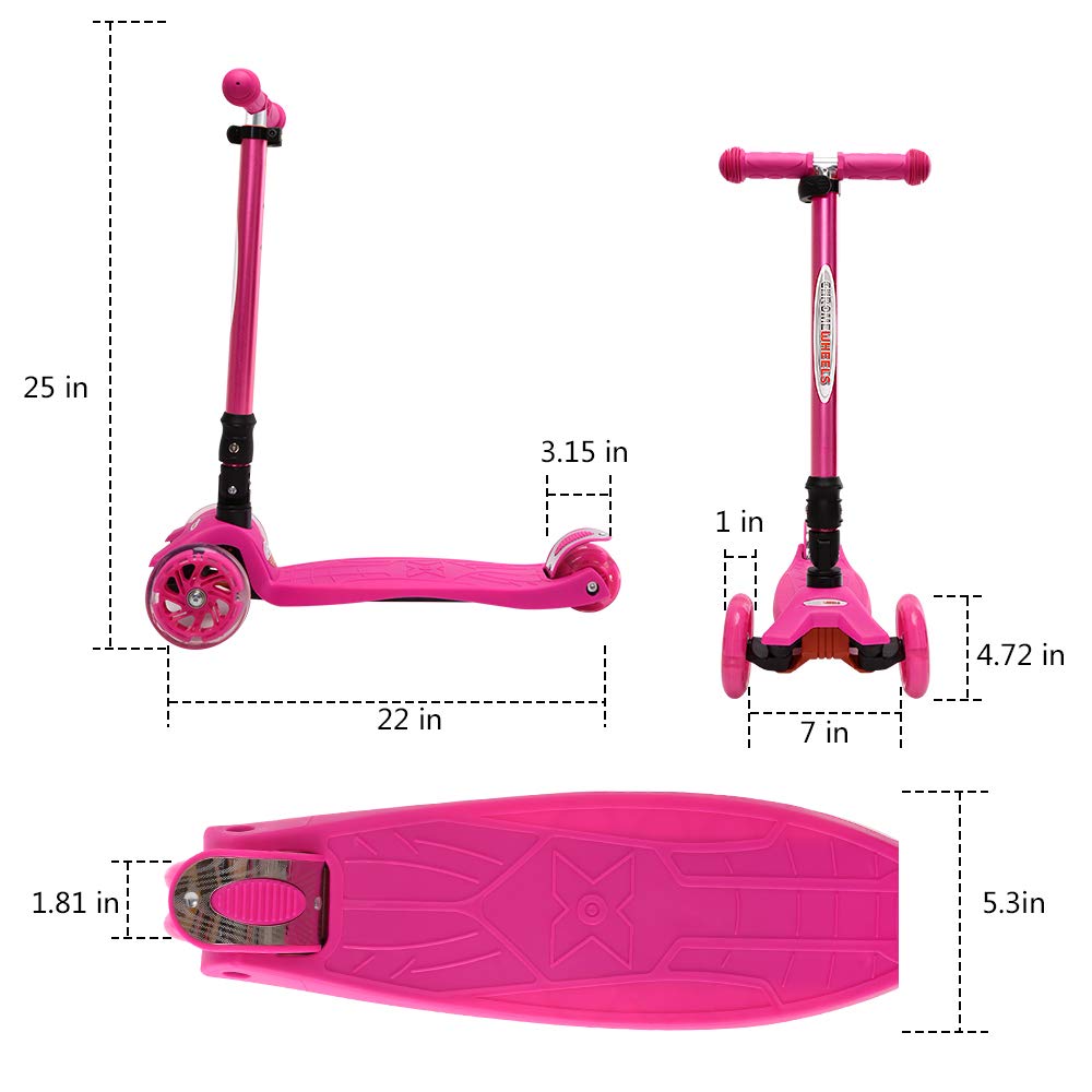 ChromeWheels Foldable Scooters for Kids, Deluxe Kick Scooter 4 Adjustable Height 132lbs Weight Limit 3 Wheel, Lean to Steer LED Light Up Wheels, Best Gifts for Girls Boys Age 3-12 Year Old, Pink