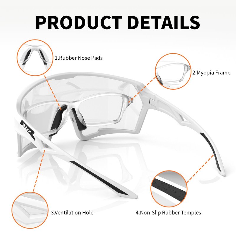 Veltuno Photochromic Cycling Sunglasses for Men Women Youth, UV Protection Sports Sunglasses for Baseball, Running, Driving (White Frame/Revo Clear Lens)