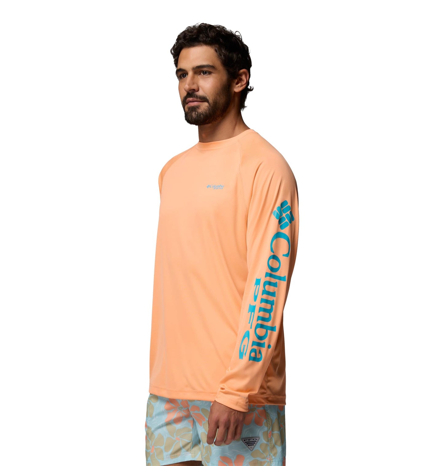 Columbia Men's PFG Terminal Tackle Long Sleeve Fishing Shirt, Bright Nectar/Ocean Teal Logo, Large