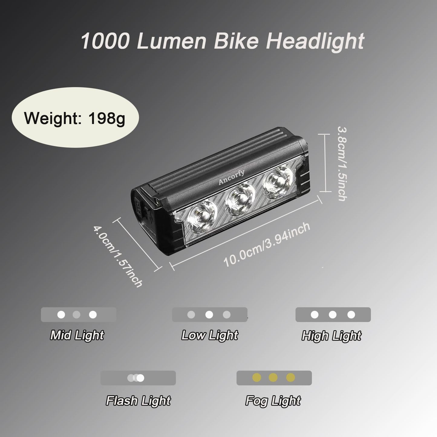Ancorfy 3 LED 1000 Lumen Super Bright Bike Lights for Night Riding, 5 Modes Bicycle Headlight, Rechargeable and Waterproof Bike Headlight and Tail Light Set for MTB Off-Road Cycling Commuting
