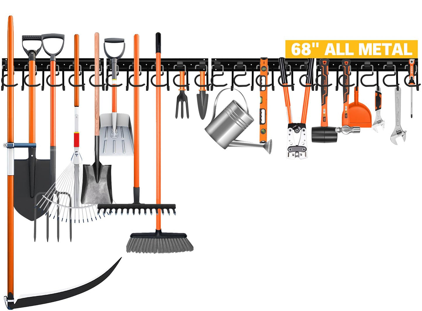 ELEAD 68'' All Metal Adjustable Garden Tool Organizer: Garage Tool Organizer Wall Mount with Black Hooks, Garage Organizers and Storage, Tool Hangers for Shed