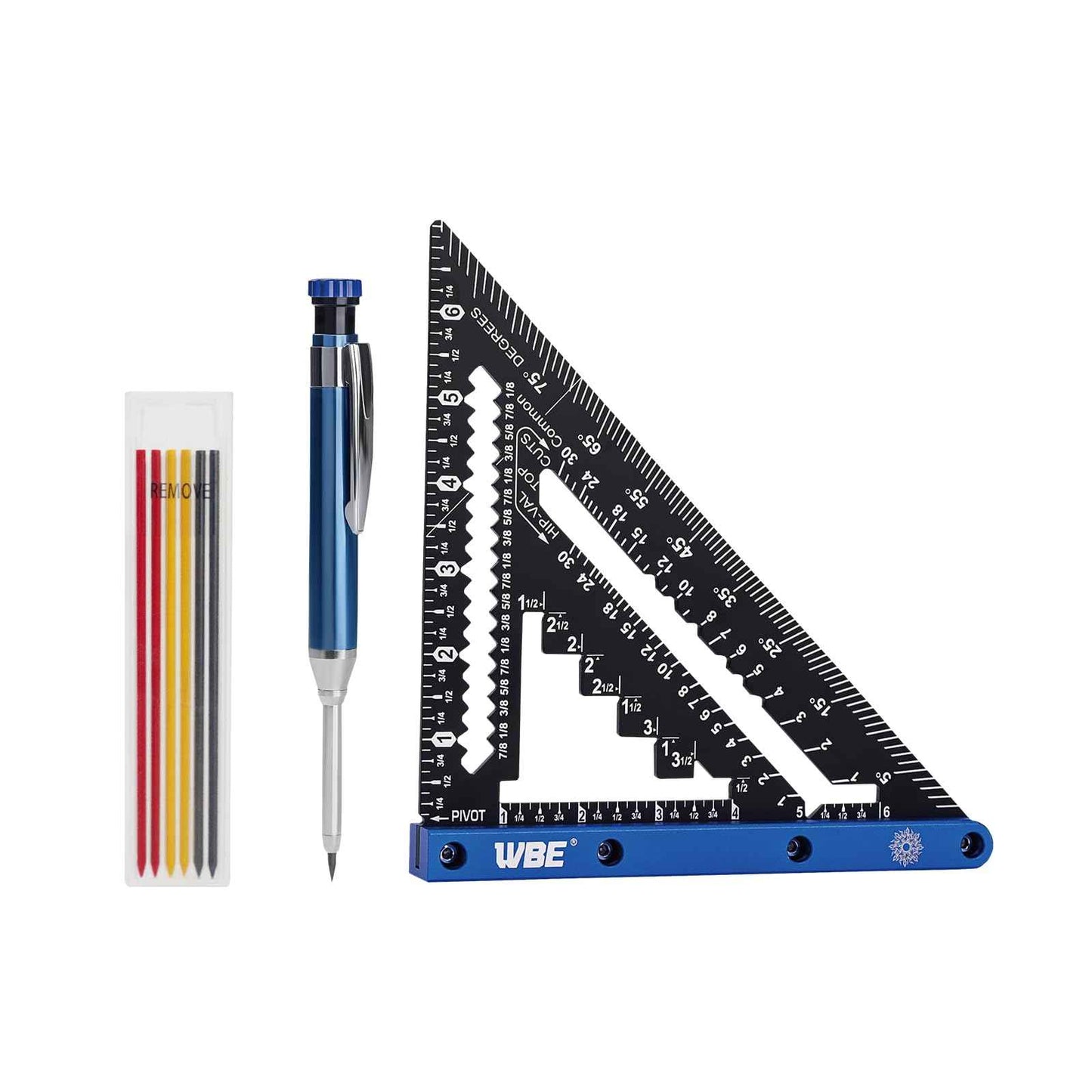 7inch Rafter Square with Carpenter Pencil, 1/8" Precision Heavy Duty Aluminum Woodworking Rule,Laser Etched Scale, Triangle-Ruler Measuring Layout Tool -Blue (Blue & Black)