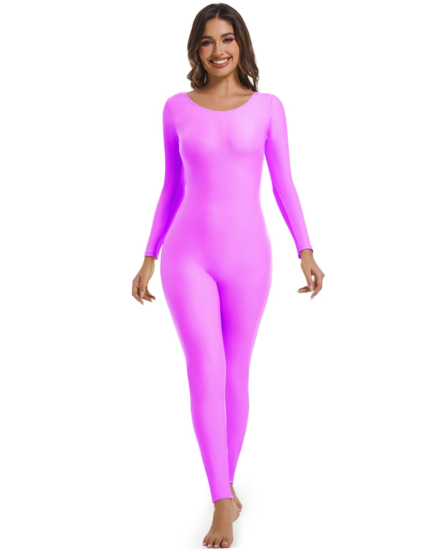 Aoylisey Adult Long Sleeve Plus Size Unitard for Women One Piece Dance Bodysuits 1201 (Hot pink, M)