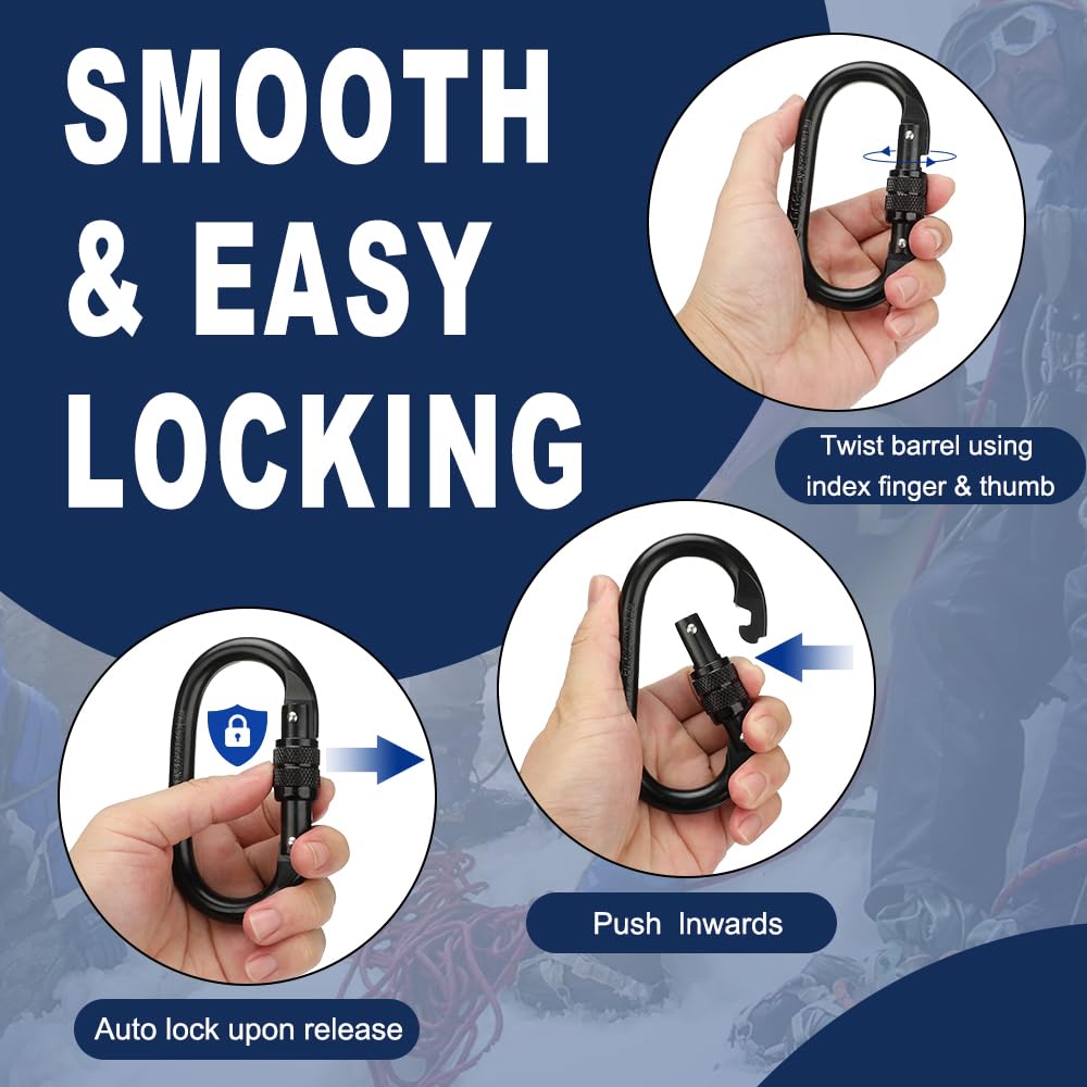 Kvittra Auto Locking Carabiner Heavy Duty Carabiner, Carabiner Clips(25KN=5600 lbs), Large Carabiner Clip for Keychains,Hammock,Camping, Gym, Hiking, Outdoor,Dog Leash (Black 2 Pcs)