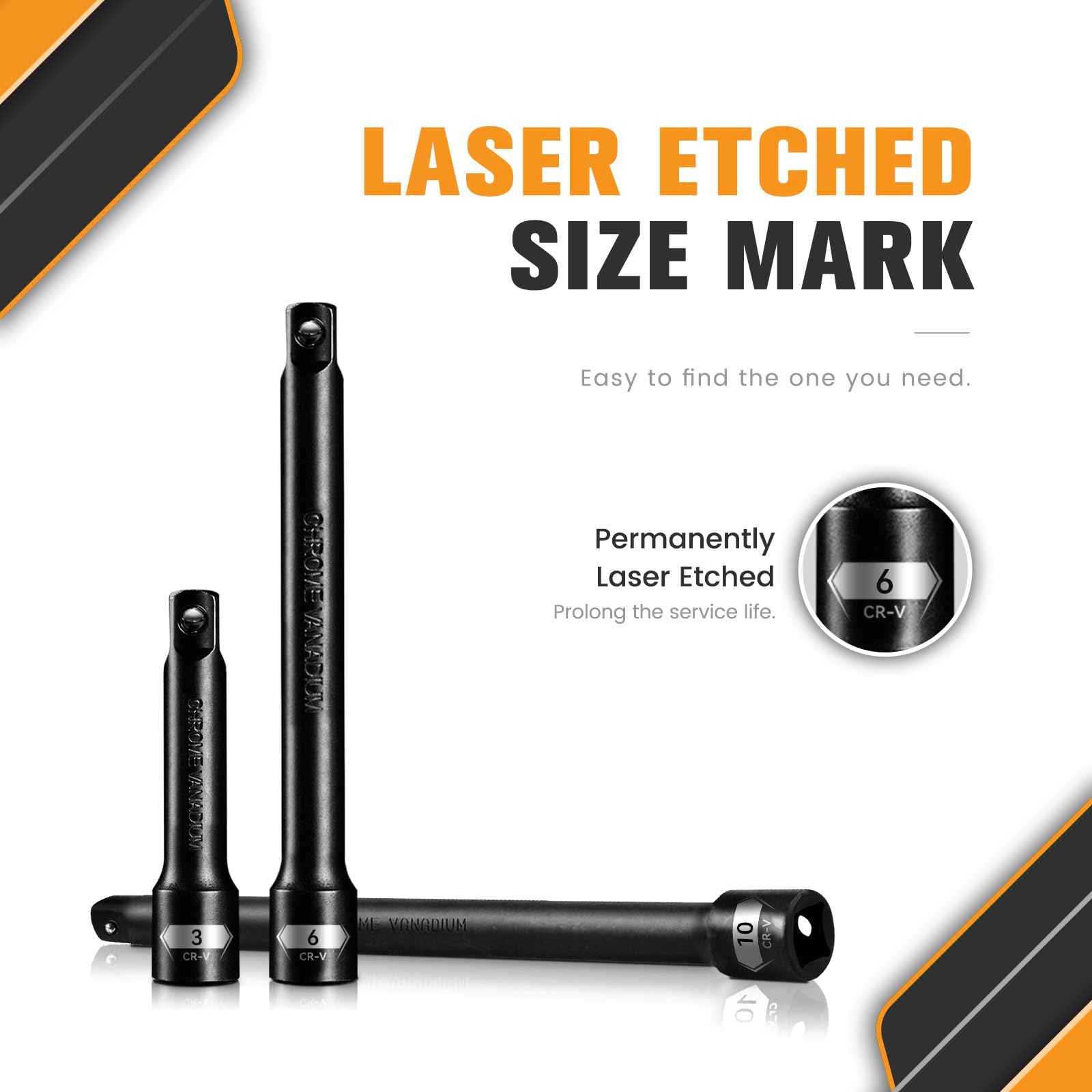 9 Pieces Impact Extension Bar Set, 1/4", 3/8" and 1/2" Drive Socket Extension, Premium Chrome Vanadium Steel with Black Phosphate Finish