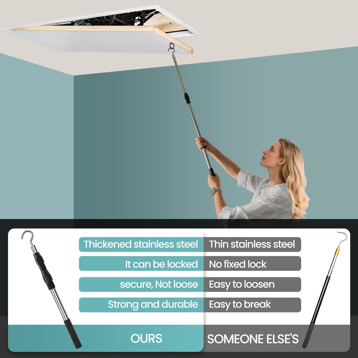 Attic Pull Down Hook, Extendable Attic Pull Rod, Attic Ladder Pull Down System Kit Contains One 40-Inch Telescopic Pole, 1 * D-Ring, 1 * O-Ring with Rope Around It