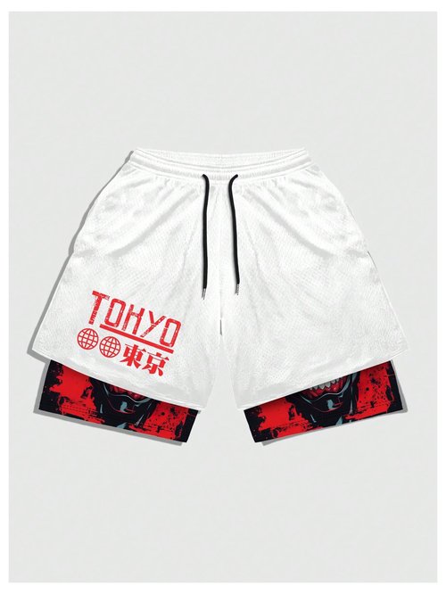 GORGLITTER Men's 2 in 1 Anime Graphic Gym Shorts Quick Dry Drawstring Mesh Athletic Running Shorts with Liner White Medium