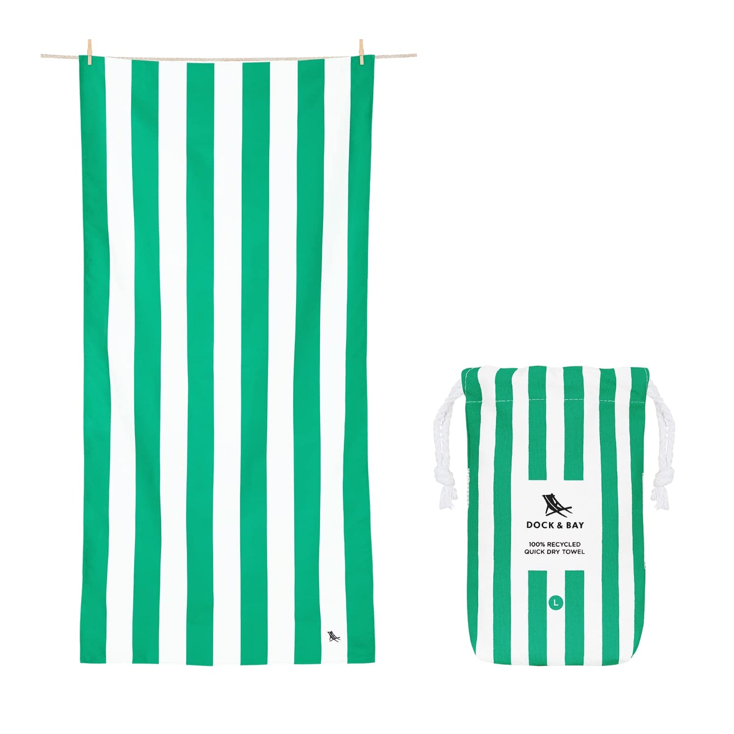 Dock & Bay Beach Towel - Quick Dry, Sand Free - Compact, Lightweight - 100% Recycled - Includes Bag - Cabana - Cancun Green - Extra Large (200x90cm, 78x35)