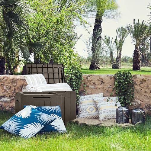 JUMMICO 31 Gallon Resin Deck Box Waterproof Indoor Outdoor Storage Boxes for Patio Furniture Cushions and Garden Tools (Brown)