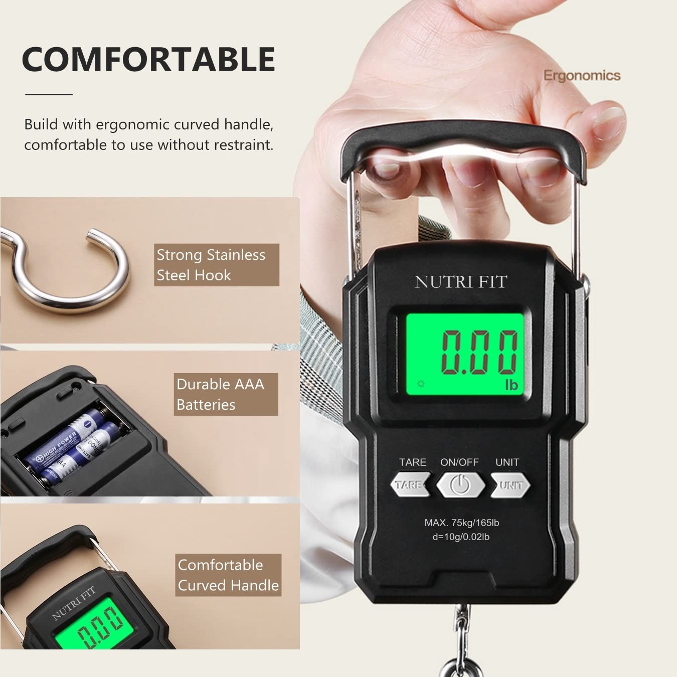 Nutri Fit Digital Luggage Weight Scale - Handheld Suitcase Weigher with Hook & Measuring Tape, 165lb/75kg