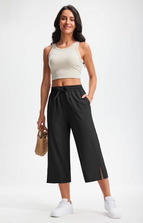 Libin Wide Leg Capri Pants for Women Lightweight Quick Dry Casual Slacks Lounge Travel Pants with Pockets Loose Fit Trousers Hiking Walking Summer, Black L