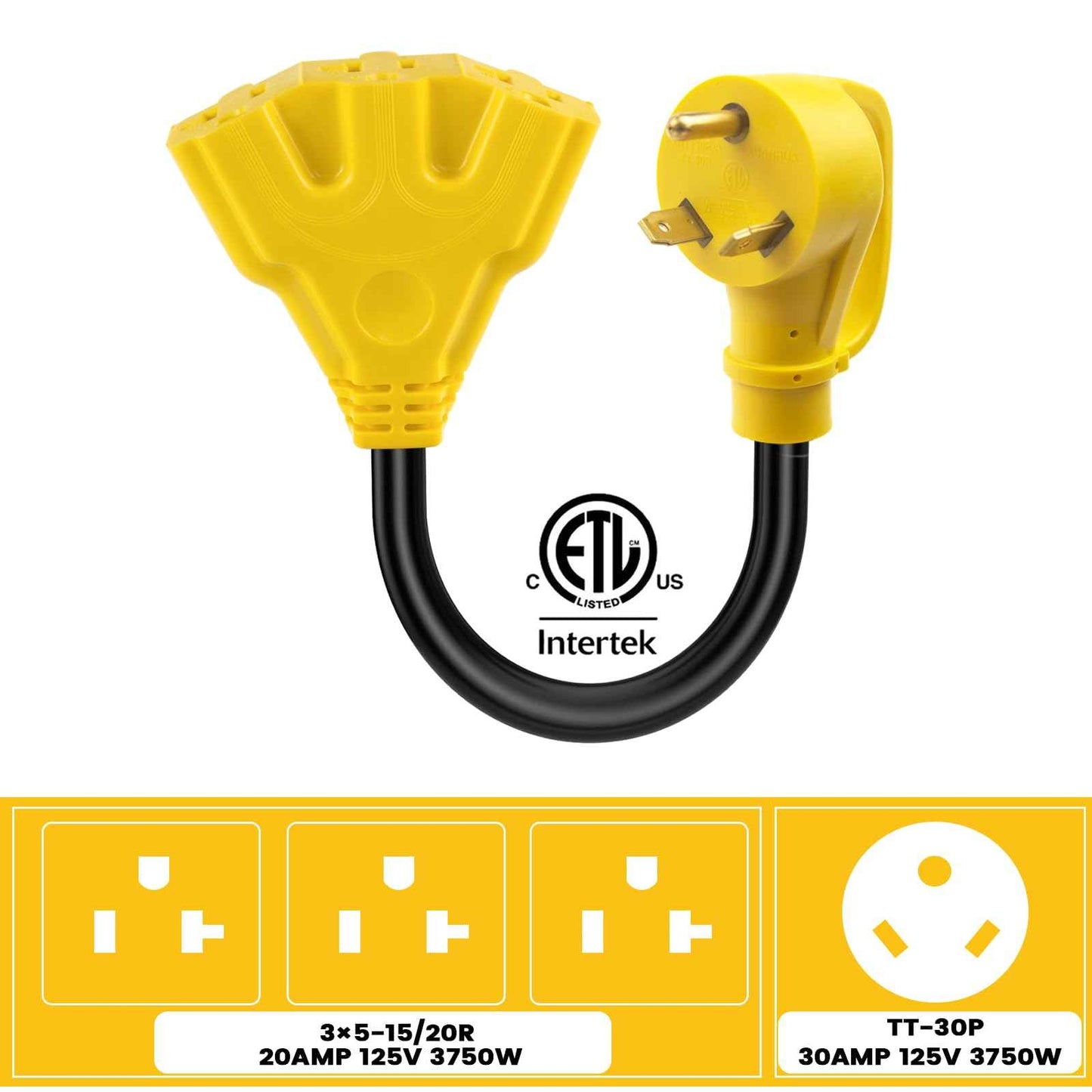 KANGIKX 30 Amp to 110V 20 Amp RV Distribution Adapter, NEMA TT-30P Male to 3X5-15/20R Female RV Generator Adapter Cord, 30 to 20Amp 125V 3-Prong to Multiple Household Outlet 1.6FT
