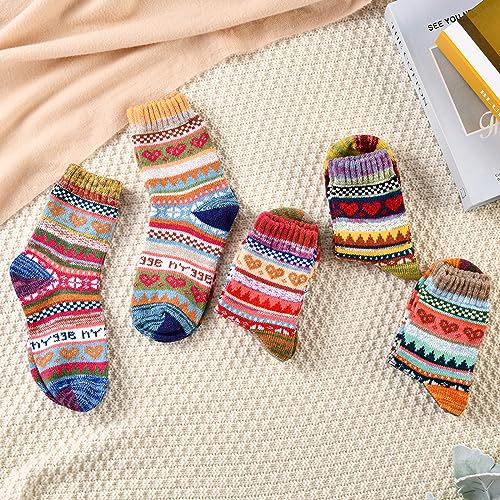 Warm Wool Hiking Crew Socks for Women - 5 Pairs Heart