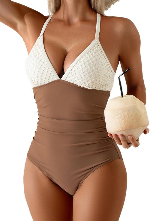 B2prity One Piece Swimsuit - Tummy Control Ruched Bathing Suit with V Neck & Cross Tie Back