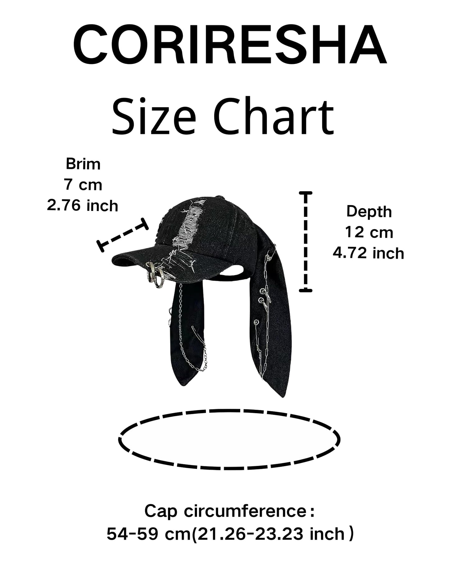 CORIRESHA Cute Bunny Hat with Ears Y2k Grunge Metal Iron Ring Chain Distressed Denim Baseball Cap