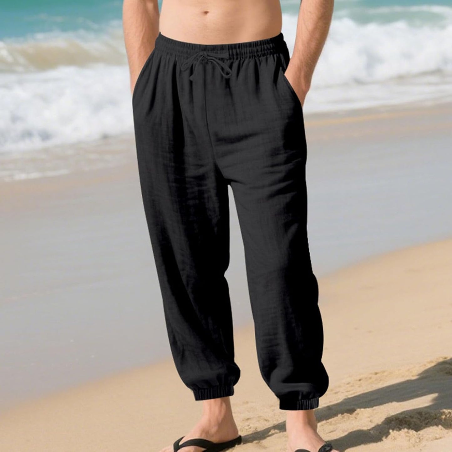 Skiennix Men's Lightweight Casual Pants - Elastic Waist Drawstring Jogging Trousers with Pockets | Summer Beach Wear