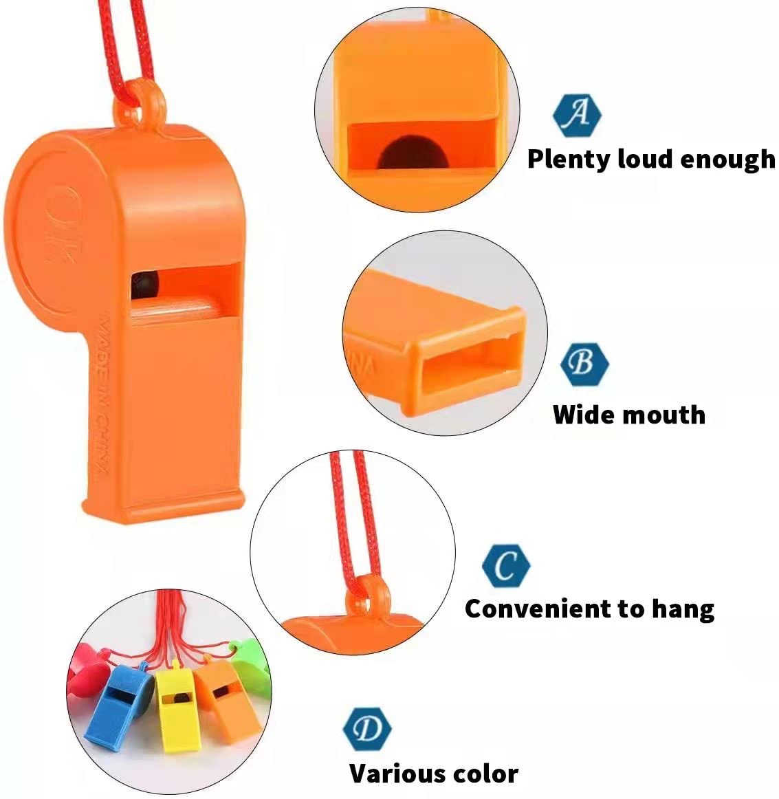 WSYUB 72Pcs Plastic Whistles, Bulk Whistles, Training Sports Whistles with Lanyard