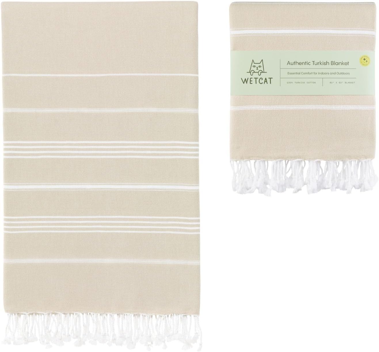 WETCAT Turkish Beach Blanket - Sandproof, Ultra Soft 100% Turkish Cotton | Extra Large 82"x82" - Beige