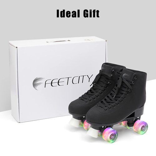 FEETCITY High-Top Roller Skates - Adult & Youth, Indoor & Outdoor, 4-Wheel Double Row, Size 6 - Black