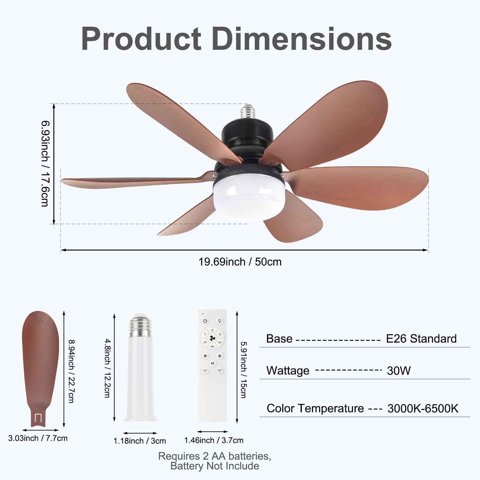 Socket Fan Light, Light Bulb Fan 20.5IN Dimmable, Screw in Socket Fan Ceiling Fan with Light for Garage, Kitchen, Basement (Wood Grain)