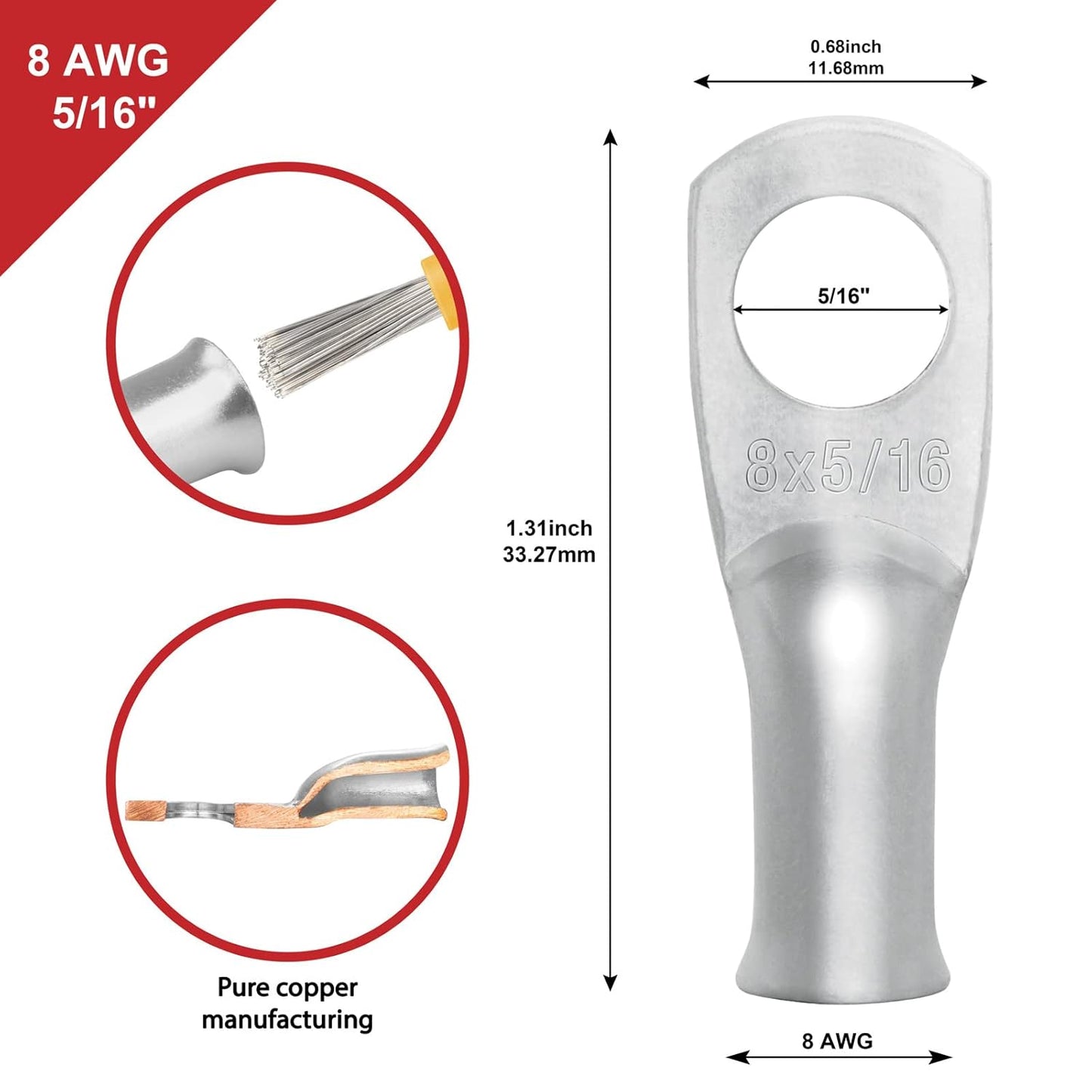 Sanuke 10-Pack 8 AWG Tinned Copper Wire Lugs - Marine Grade Battery Cable Ends with Heat Shrink Tubing