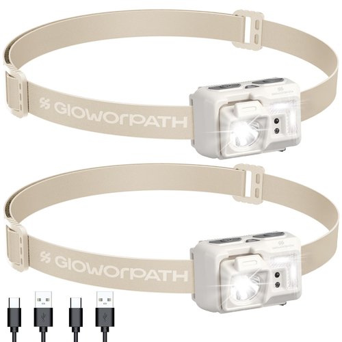 GloworPath Led Headlamp Rechargeable, Super Bright Headlight Flashlight with Red Light, Motion Sensor Head Lights for Forehead, Waterproof Lightweight for Adults, Outdoors, Camping, Running (2,Beige)