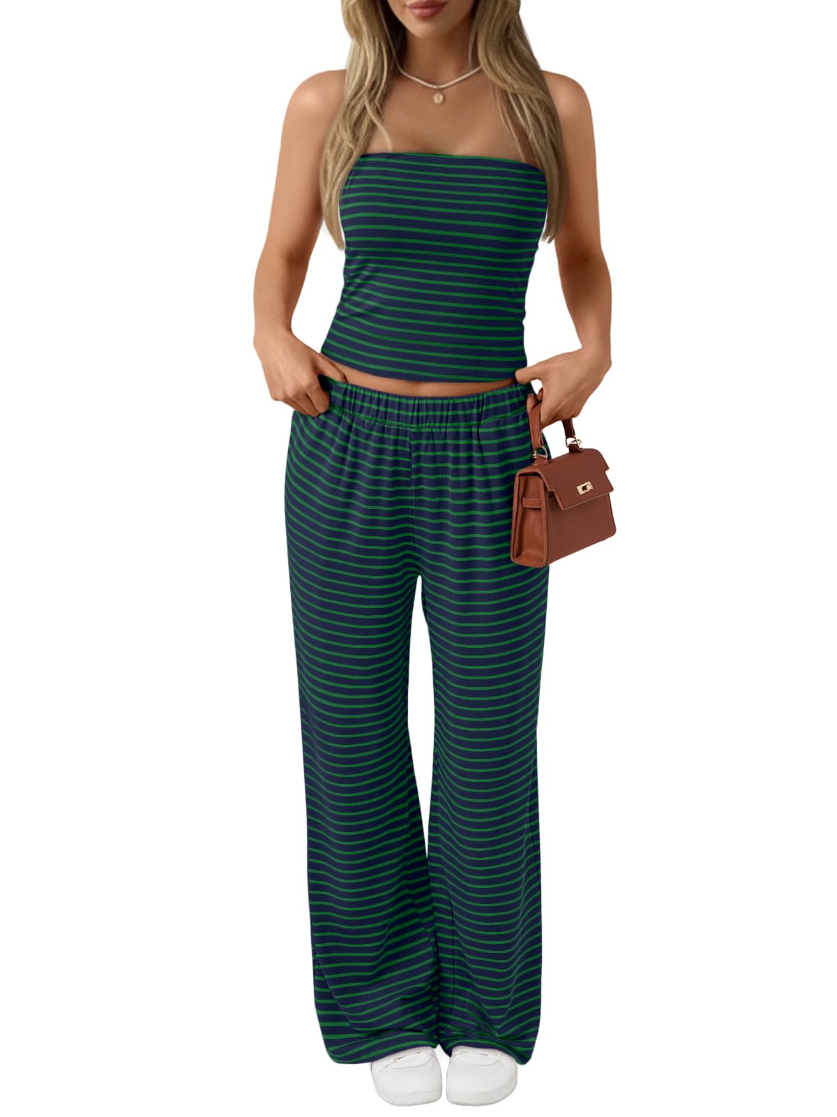 Trendy Queen Womens 2 Piece Lounge Sets Matching Summer Beach Vacation Outfits 2026 Striped Tube Tops Pants Travel Clothes