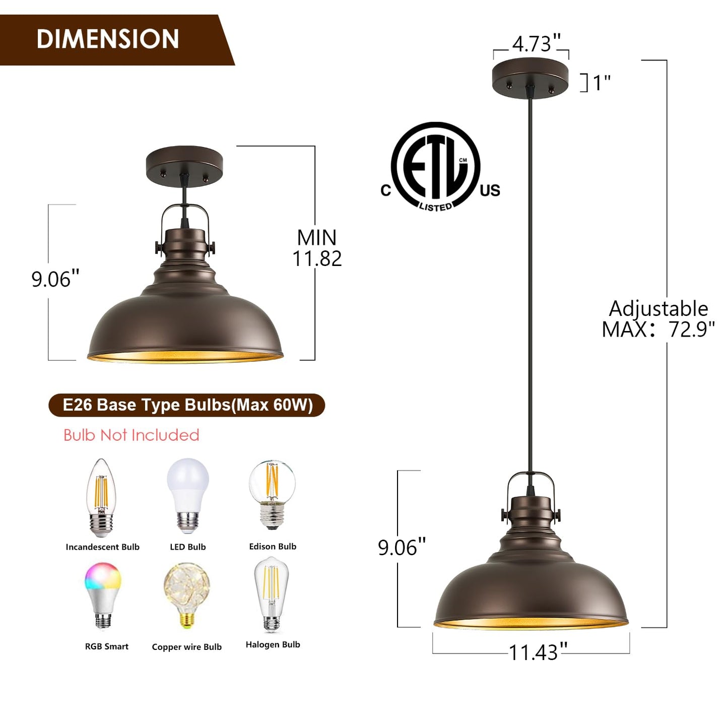 Refice 3 Packs Farmhouse Pendant Lights, Oil Rubbed Bronze Pendant Lighting, lsland Pendant Lights for Kitchen lsland lndustrial Adjustable Height Dome Hanging Lights for Barn, Dining Room