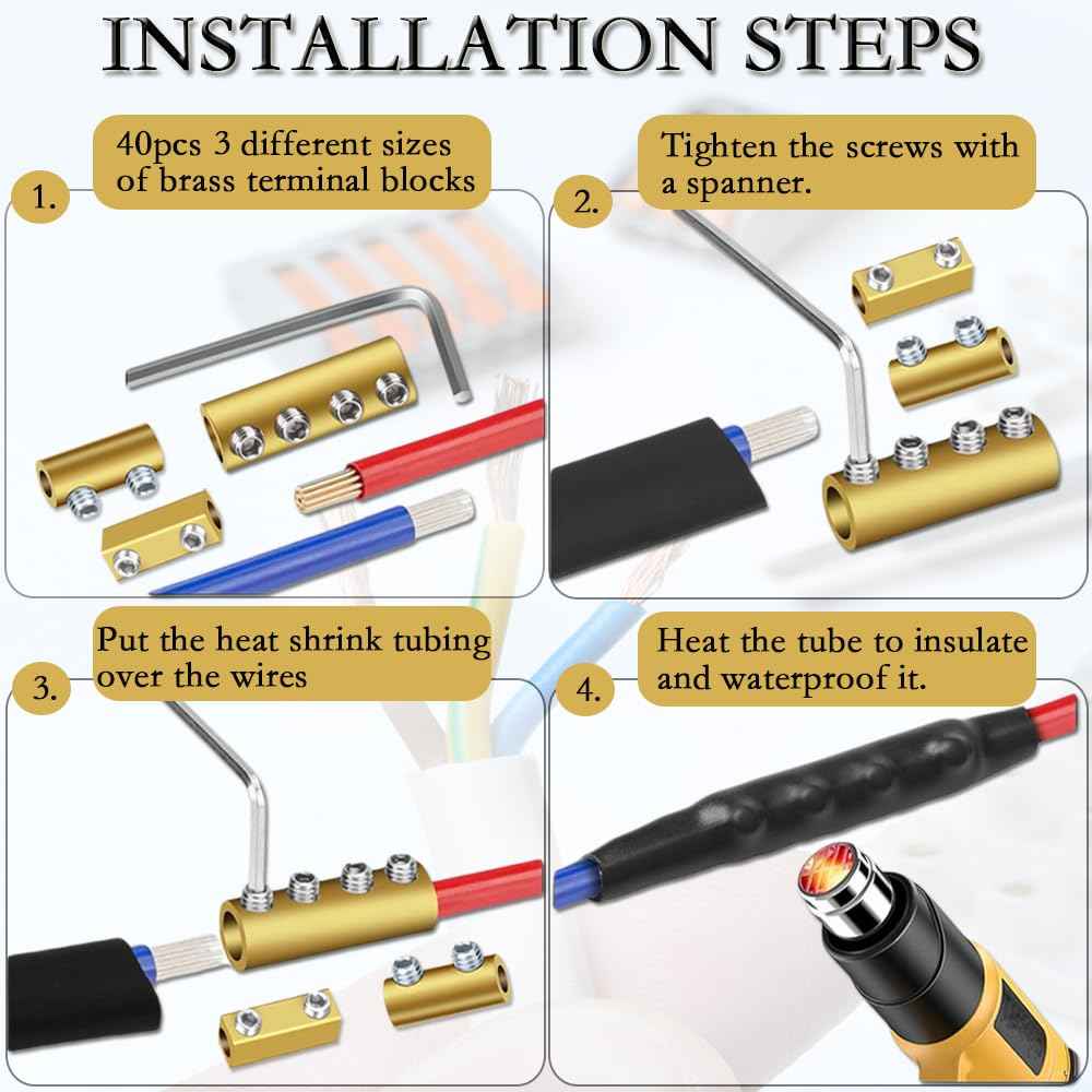 40pcs 6, 8, 10 AWG Wire Connectors, Quick Wiring Connection Terminal, Circuit Connector Wire Connector with 100 Screws, 40 Heat Shrink Tube & Wrench, for Household appliances and The Power Industry.