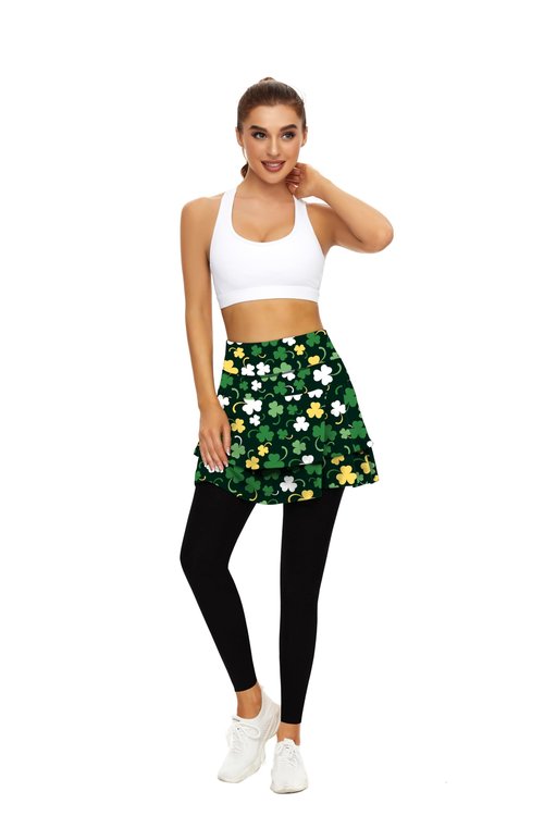 Tennis Skirted Leggings with Pockets for Women Golf Skapri Leggings with Skirt (M, 2-Layer St-Patricks Day)