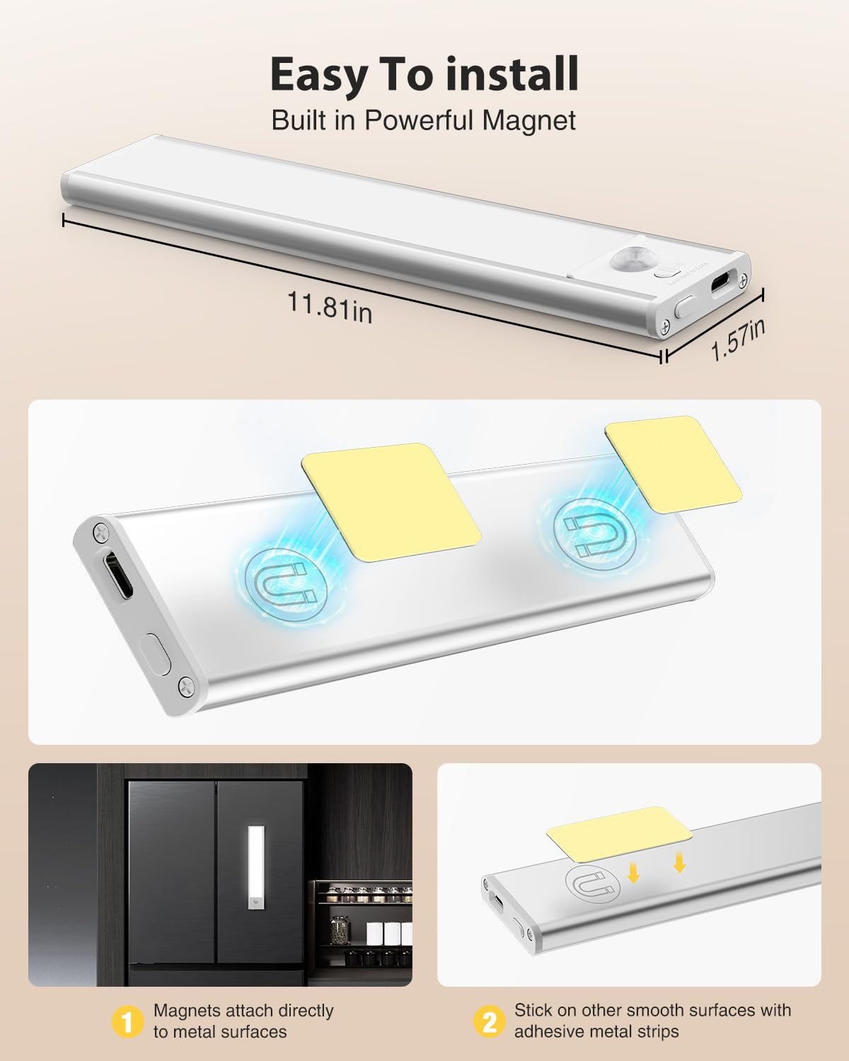 LED Under Cabinet Lighting, Battery Operated Motion Sensor Light Indoor Wireless, 3 Color Temps, USB Rechargeable Closet Light, Dimmable Under Counter Lights for Kitchen Stairs Closet Pantry, 2 Pack