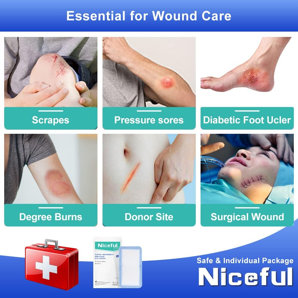 Niceful Super Absorbent Wound Dressing 4" x 8" (10 Pcs) – Sterile Non Stick Gauze Pads for Wound Care, Heavy Exudate Large Bandages for Pressure Ulcers, Bedsores, Diabetic Foot Ulcers