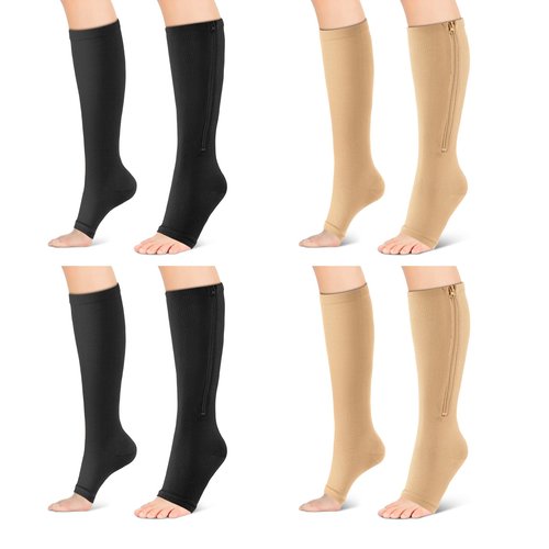 4 Pairs Zipper Compression Socks Women & Men, Toeless Compression Socks, 15-20mmhg Knee High, Anti-Pinch Zipper for Varicose Veins, Elderly, Pregnancy, Nurses, Travel(Large-X-Large)