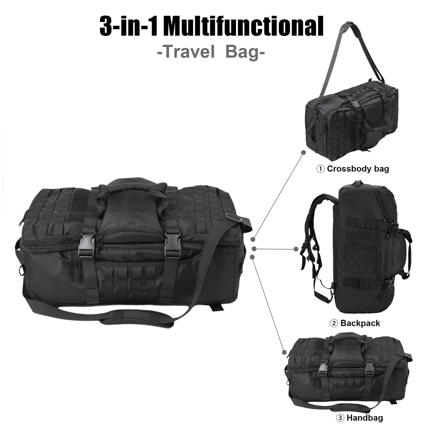 3 in 1 Tactical Travel Duffel Bag Backpack, Heavy Duty Gym Bag 85L, Black