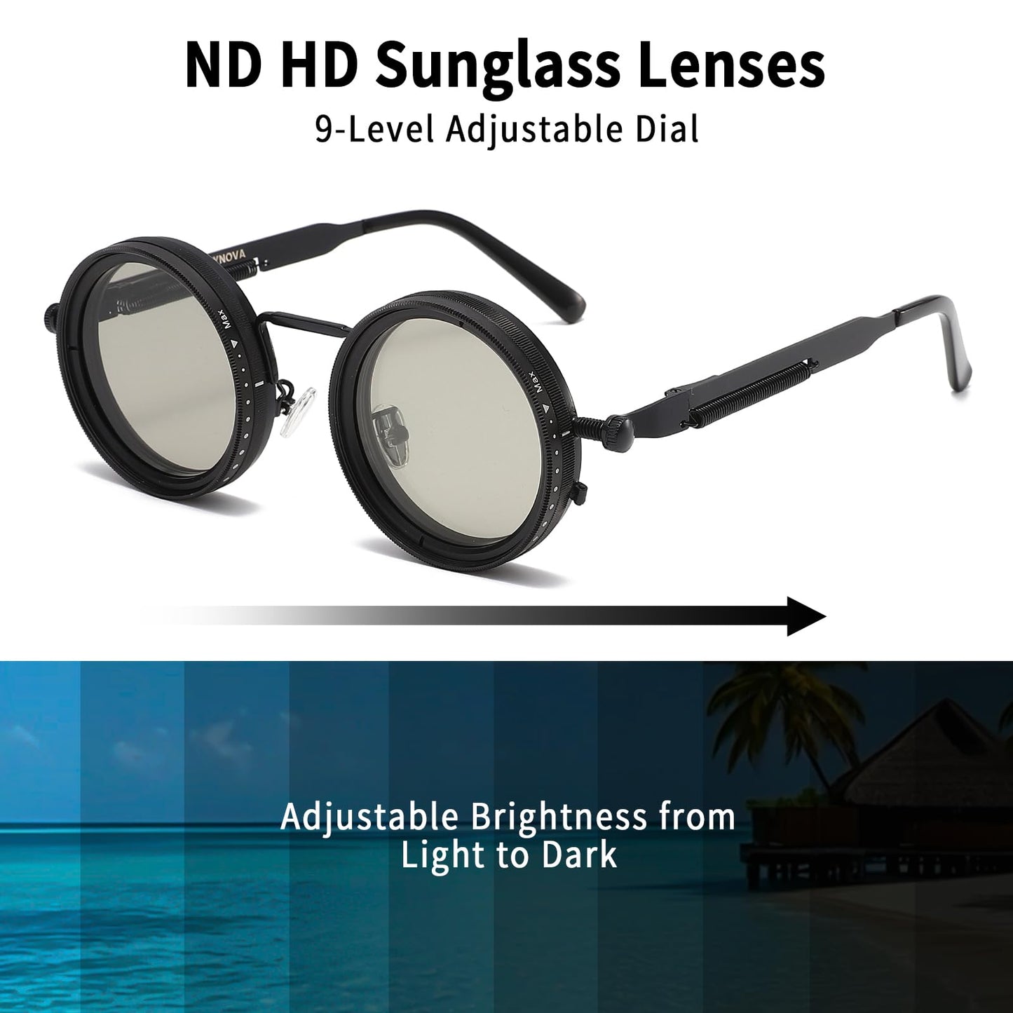 JOLLYNOVA Adjustable Tint Sunglasses, 1-9 Gears Steampunk Retro Metal Round Polarized Glasses with ND Filter Lenses (Black)