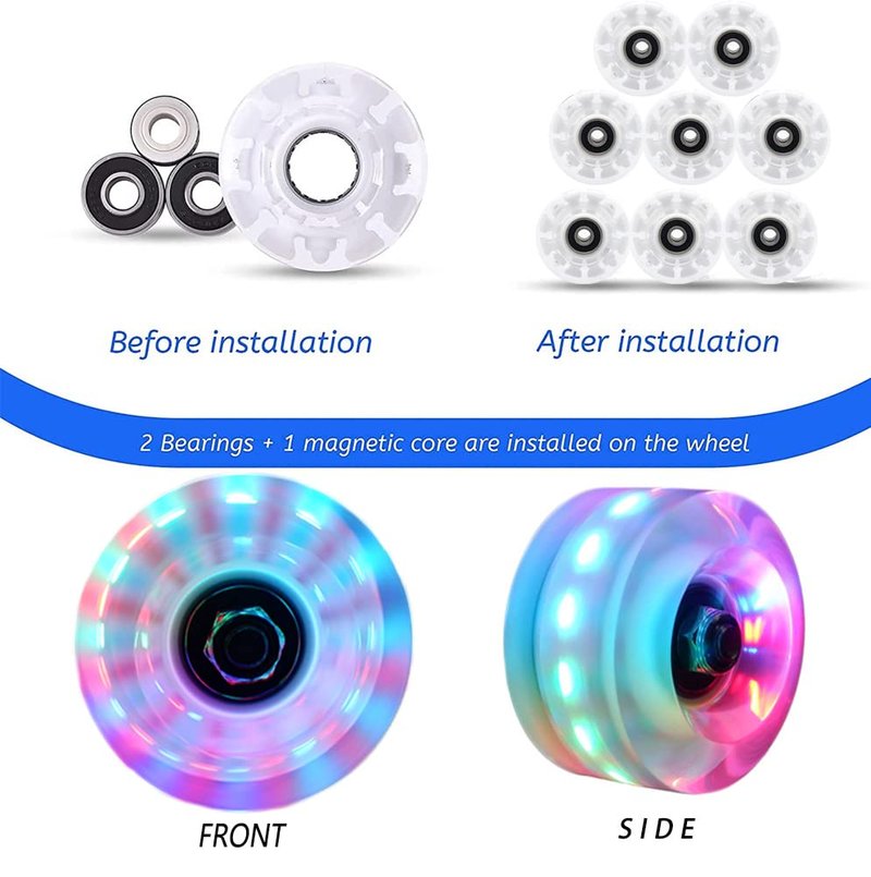 Nezylaf Light Up Roller Skate Wheels 8 Pack, 78A Hardness LED Skateboard Wheels with Premium ABEC-9 Bearings, Illuminating Roller Skate Accessories for Outdoor Indoor Quad Skates