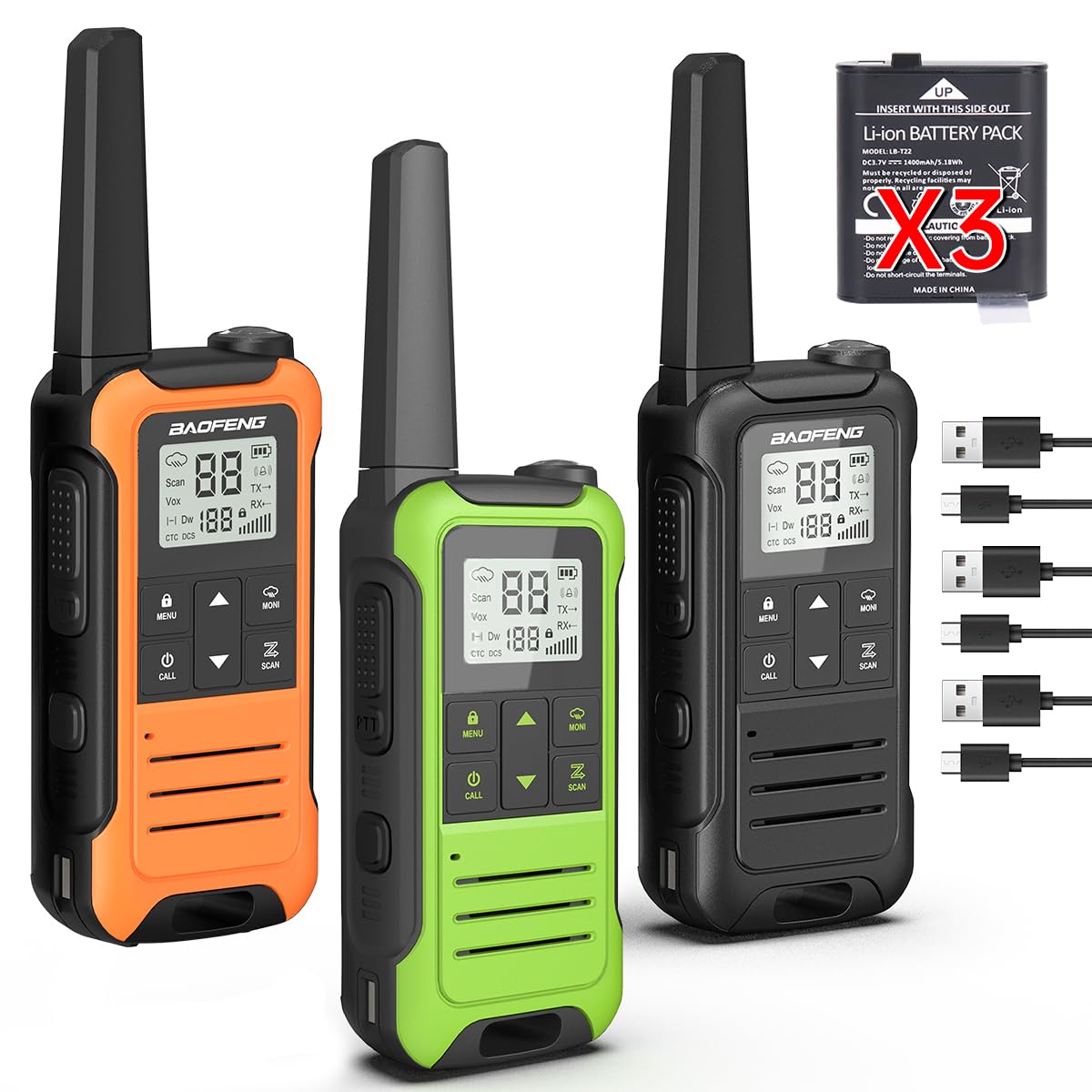 Walkie Talkies Long Range for Adult, Baofeng Radio FRS Portable Rechargeable Walkie Talkie Two Way Radio USB-C Cable 1400mAh Li-ion Battery NOAA VOX Walky Talky for Camping Skiing Hiking 3Pack