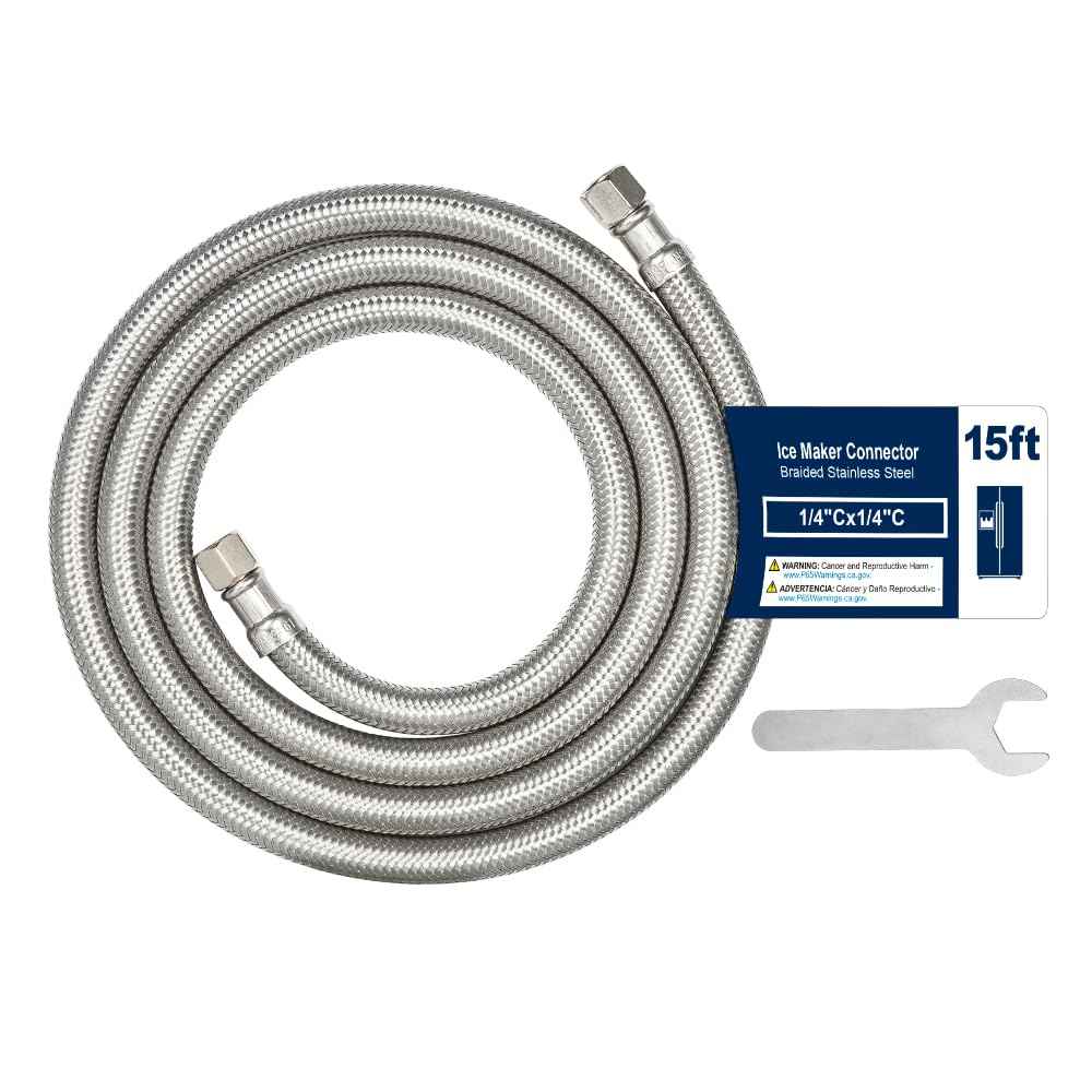 15FT Stainless Steel Braided Ice Maker Supply Line – 1/4″ Compression x 1/4″ Compression Fittings, Lead‑Free, Burst‑Proof, Universal Fit, NSF/UPC Certified, 10‑Year Warranty