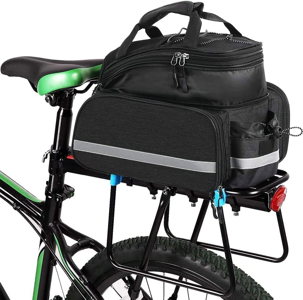 KLERICER Bike Rear Rack Bag,10-25L Bicycle Trunk Bag with Rain Cover, Pannier Bike Bag with 2 Side Foldable Panniers, with Reflective Strips and Shoulder Strap, for Shopping,Cycling,Trip (Black)
