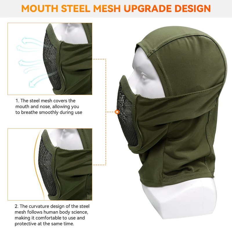 Qavctw Tactical Balaclava Mask Full Face Airsoft Mask with Mesh Mouth Guard Lightweight Breathable for Airsoft Motorcycle Snowboarding Outdoor Sports Green