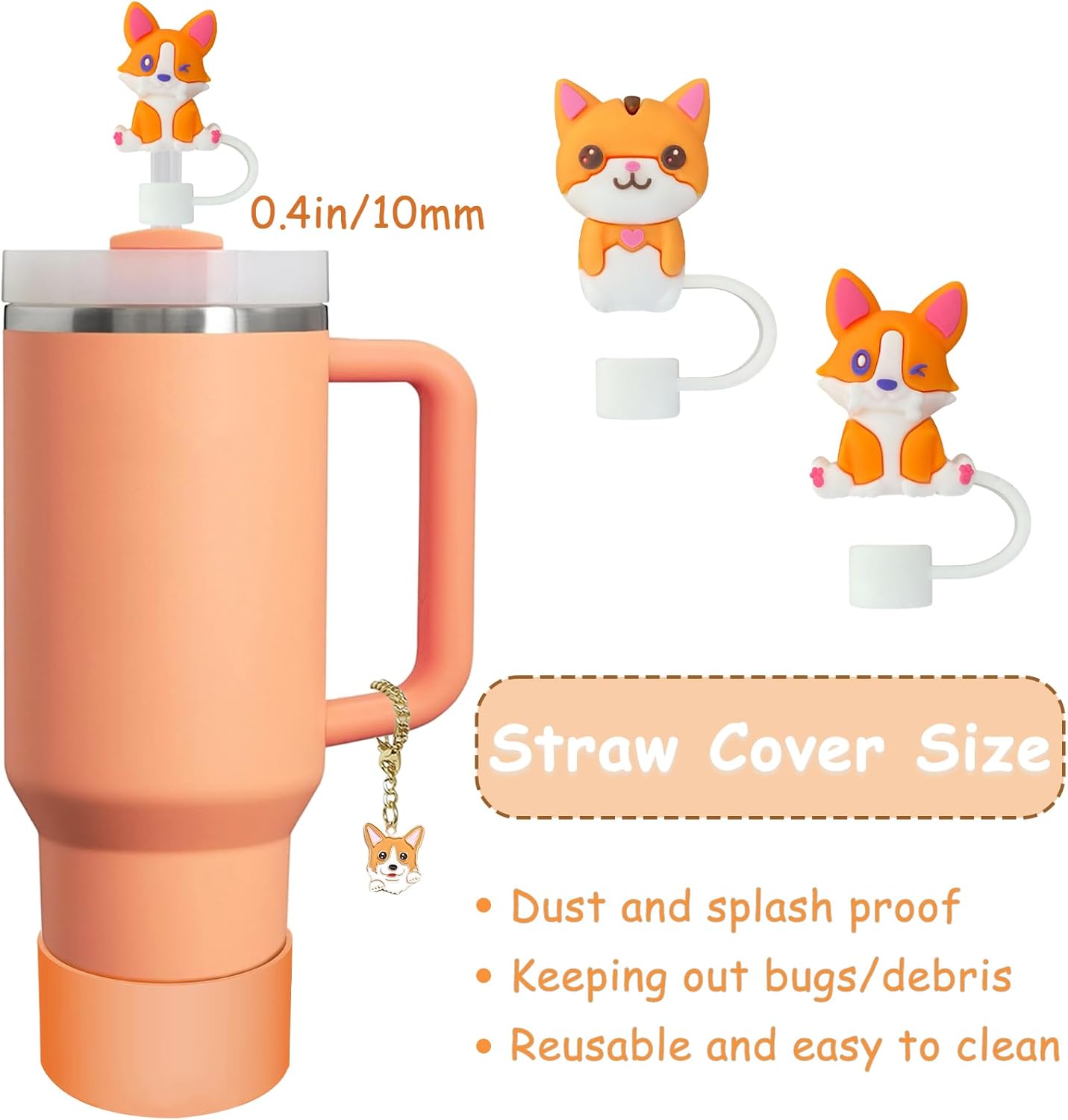 Stanley Cup Accessories Set - 2 Straw Covers, Spill-Proof Stopper & Cute Dog Charm | Sunshine Orange