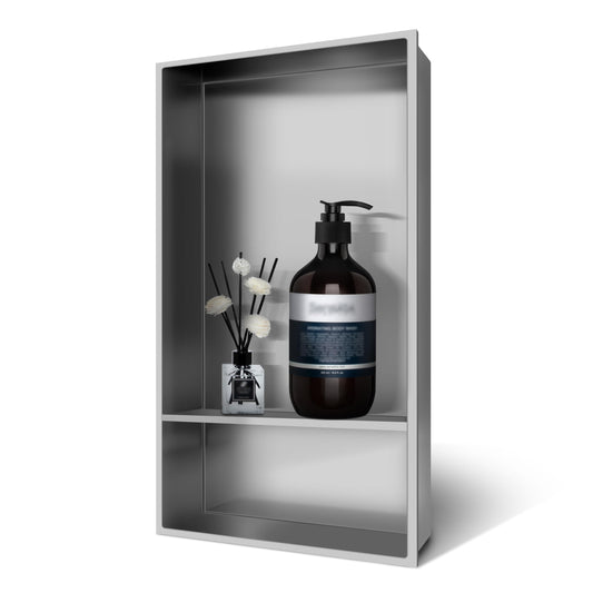 BATHFINESSE Shower Niche Insert Tile Ready, Bath Niche 13 × 25 Double Shelves, Recessed Niche Shower for Bathroom Storage, Brushed Nickel