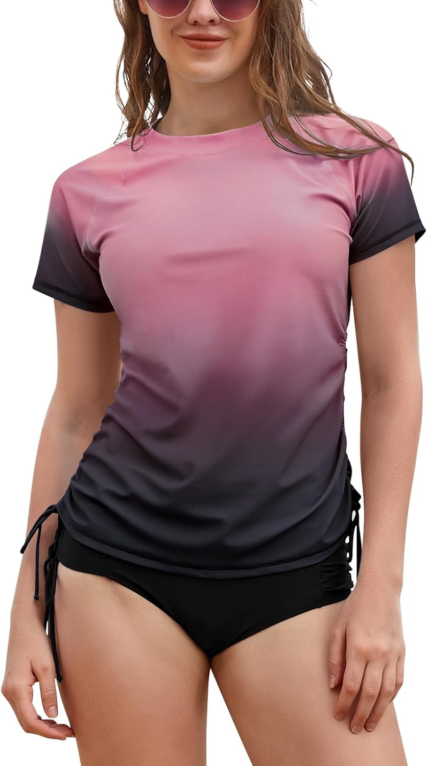 Shekini Women's Swim Shirt - UPF 50+ Short Sleeve Rash Guard with UV Sun Protection | Adjustable Tie