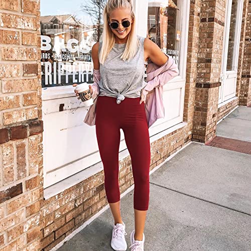 High Waisted Capri Leggings for Women with Pockets - Wine Red, Large-X-Large