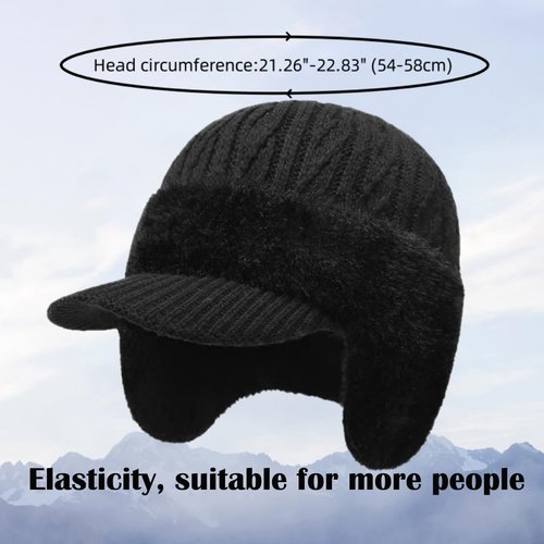 JHDESSLY Winter Beanie with Brim Ear Flaps for Men Women, Warm Fleece Lined Knit Hat Stocking Caps for for The Cold Weather Black