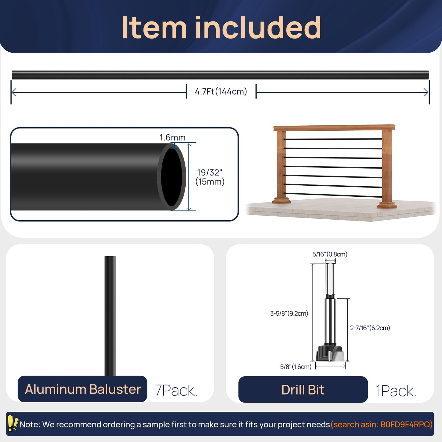 7 Pack 4.7 FT x 19/32 inch Aluminum Balusters for Deck Railing, Horizontal Stair Baluster with Wood Drill Bit Hollow Round Black Staircase Bar Spindles for Indoor Outdoor Railing