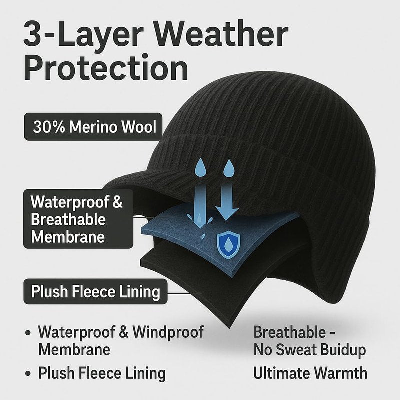 Plus Size M/L/XL/XXL Waterproof Merino Wool Beanie Hat with Brim Ear Flaps Fleece Lined Ski Cap for Cold Weather & Big Heads Black